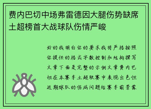 费内巴切中场弗雷德因大腿伤势缺席土超榜首大战球队伤情严峻 费内巴切中场弗雷德因大腿伤势缺席土超榜首大战球队伤情严峻