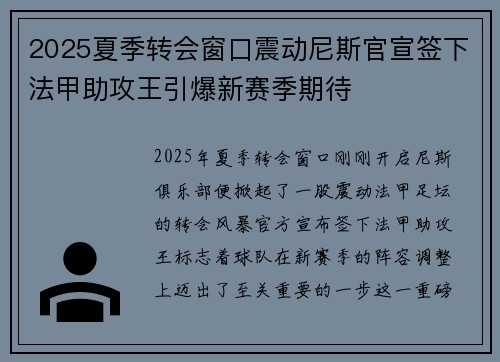 2025夏季转会窗口震动尼斯官宣签下法甲助攻王引爆新赛季期待