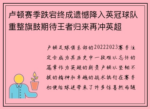 卢顿赛季跌宕终成遗憾降入英冠球队重整旗鼓期待王者归来再冲英超