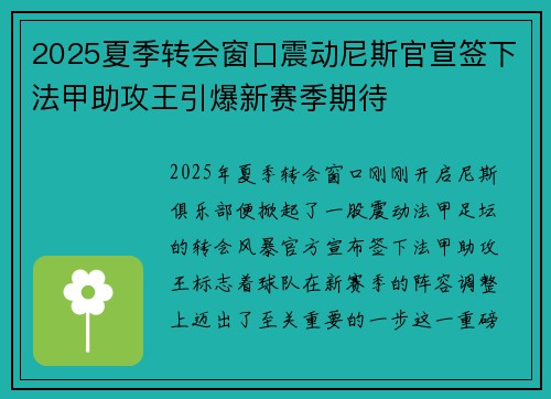 2025夏季转会窗口震动尼斯官宣签下法甲助攻王引爆新赛季期待